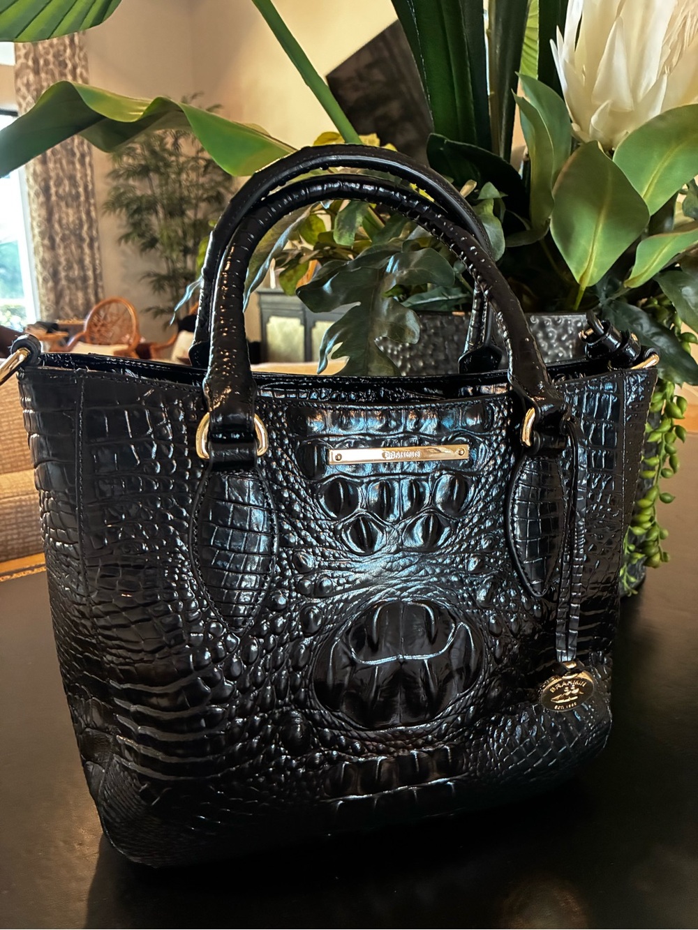 Brahmin Black Small Lena Croc-Embossed Leather Satchel Retired Style